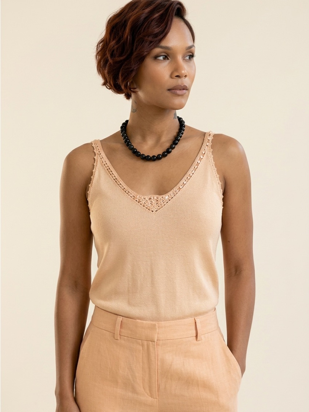 Sleeveless V-Neck Lace Trim Tank Top - Peach☑️